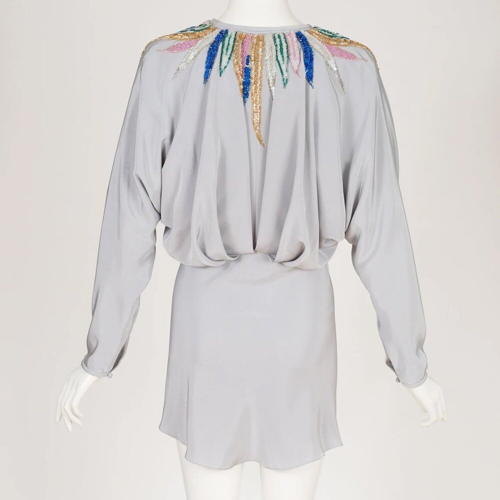 1980s Vintage Sequin Feather Faille Dolman Sleeve Blouson Wrap Tunic Sz M/L